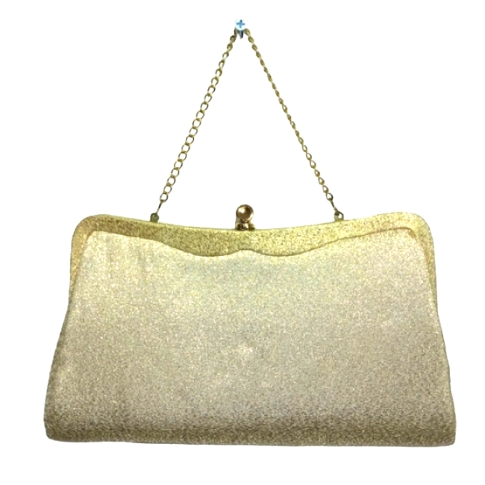 Vintage Golden Glitter Tone Purse Evening / Parties Bag Clutch Kiss Lock